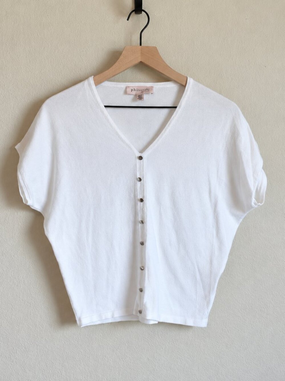 Philosophy Republic White Short Sleeve Dolman Cardigan XS V Neck Button Knit